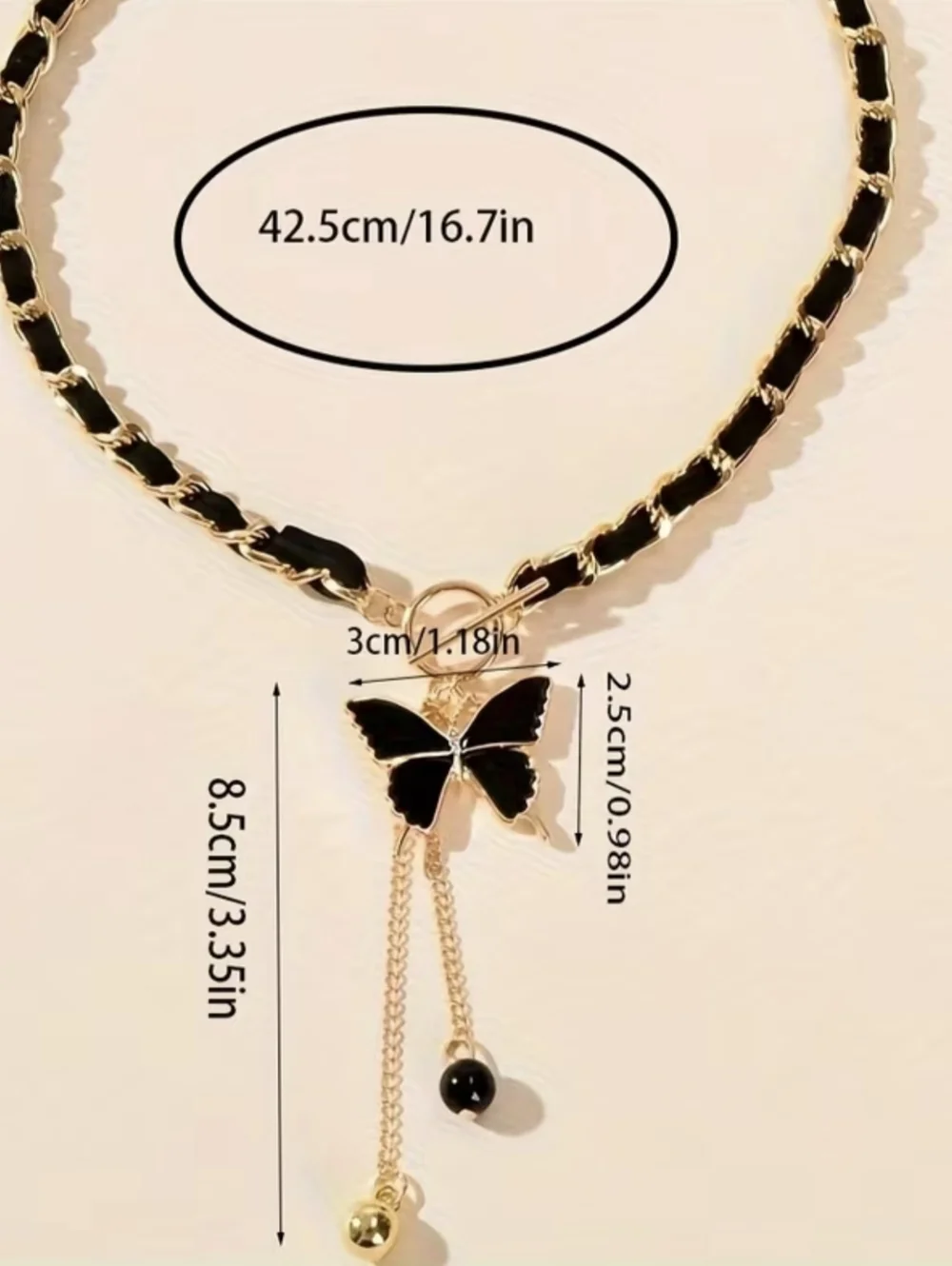 Gold Tone Black Butterfly Necklace Toggle Chain Statement Jewelry, T5B9B